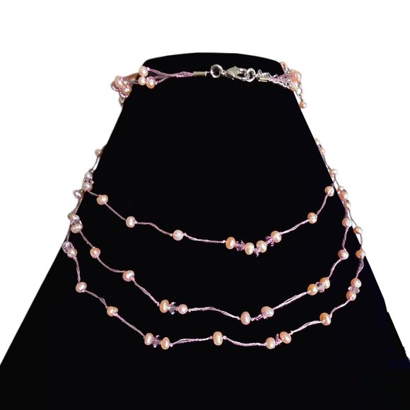 Multi-Tier Freshwater Pearl with Crystal Necklace - Picture 1 of 7